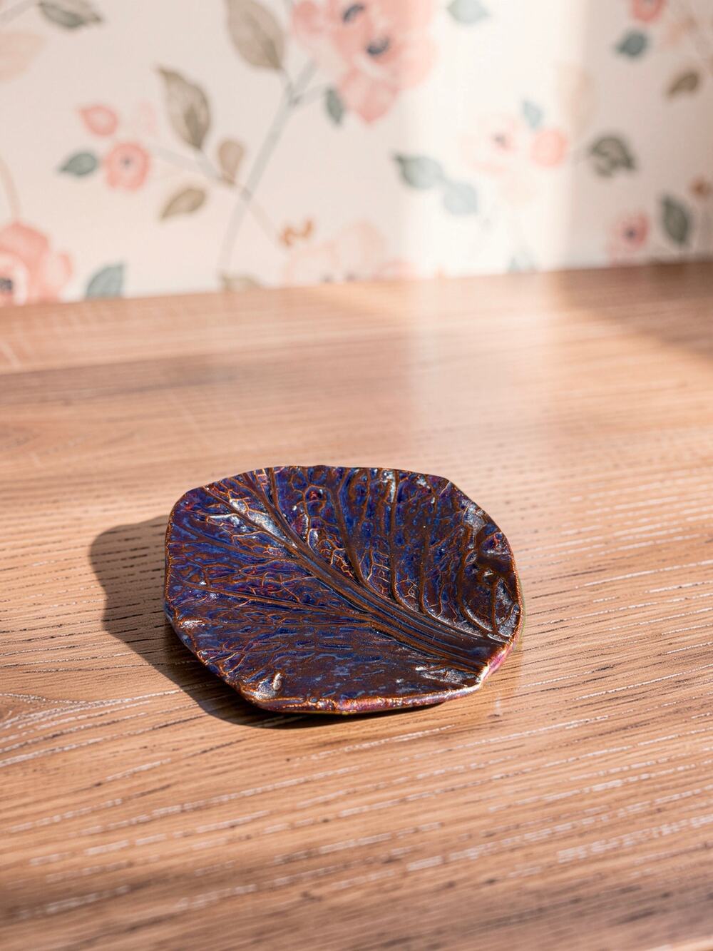 Handmade Studio Pottery Leaf Trinket Dish 6" Blue Copper Reactive Glaze